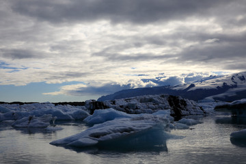 Jokulsarlon / Iceland - August 29, 2017: Ice formations and icebergs in Glacier Lagoon, Iceland, Europe