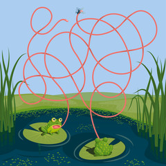 Two frogs tried to catch a mosquito. Guess which of them managed to catch the insect. Children's game picture riddle with a maze