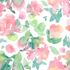 Watercolor seamless pattern with abstract pink  flowers similar to peonies or roses. 
Repeating pattern for printing on wrapping paper, design cards, packaging, fabric.