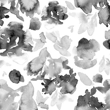 Watercolor seamless pattern with abstract  flowers similar to peonies or roses in black and white. 
Repeating pattern for printing on wrapping paper, design cards, packaging, fabric.