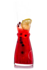 Fruit summer berry drink with ice and red berries on a white background. Refreshing healthy tropical cocktail