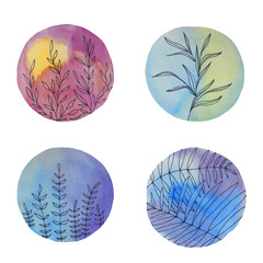 Set watercolor circles with branches and leaves art line hand-drawn sticker art creative abstract object isolated on white background