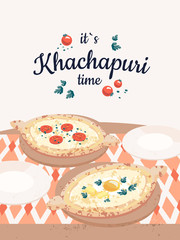 Georgian table with Adjarian khachapuri and text It`s khachapuri time