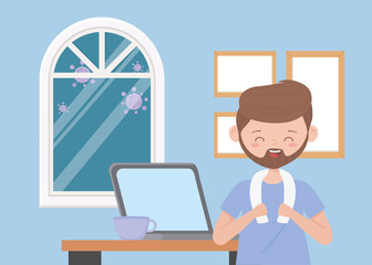 stay at home, bearded man with laptop and coffee cup in room