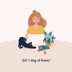 Vector blond woman is working on a laptop at a table near a cat, book and pot plant at home