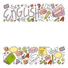 English courses. Doodle vector concept illustration of learning english language.