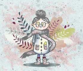Amazing little funny girl wearing a  long scarf on a colorful background