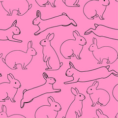 Cute rabbits seamless vector pattern. Many scattered sitting and jumping hares. Isolated. Pink, black, white colors. Symbol of Easter. For printing on fabrics, paper, social media posts, banners.
