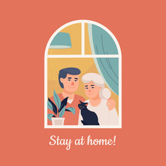 Vector elderly couple with a cat is at home by the window and text Stay at home!