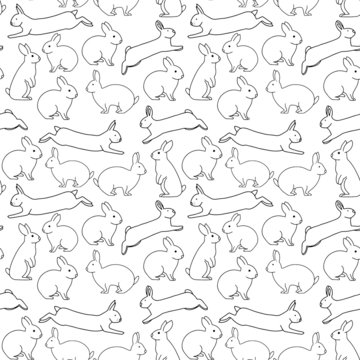 Cute rabbits seamless vector pattern. Many scattered sitting and jumping hares. Isolated. Pink, black, white colors. Symbol of Easter. For printing on fabrics, paper, social media posts, banners.
