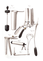 Types of tools for surgery package in the old book The Human Body, by K. Bock, 1870, St. Petersburg