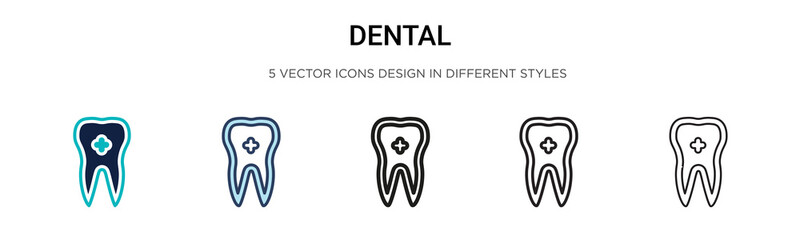 Dental icon in filled, thin line, outline and stroke style. Vector illustration of two colored and black dental vector icons designs can be used for mobile, ui, web