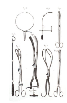 Types of tools for surgery package in the old book The Human Body, by K. Bock, 1870, St. Petersburg