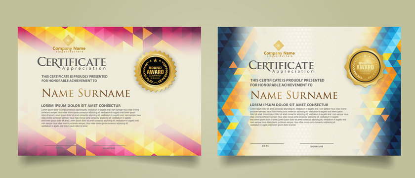 Set certificate template with triangle geometric polygonal background