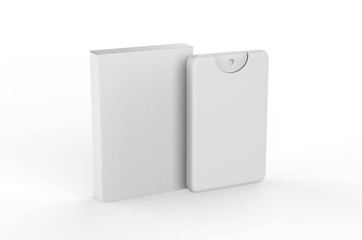 Blank Small Pocket Perfume Plastic Container With paper box packaging For Branding, 3d render illustration.