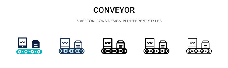 Conveyor icon in filled, thin line, outline and stroke style. Vector illustration of two colored and black conveyor vector icons designs can be used for mobile, ui, web