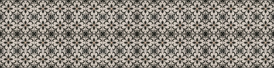 Black Brown beige vintage retro geometric square mosaic motif cement tiles with flower blossom print texture background banner panorama