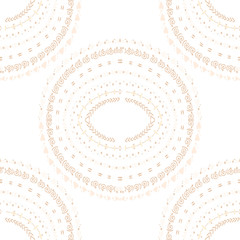 Seamless texture of abstract ornaments in circle. Decorative light pattern. Ethnic style ornamental shapes on white background. Colorful doodle round details.