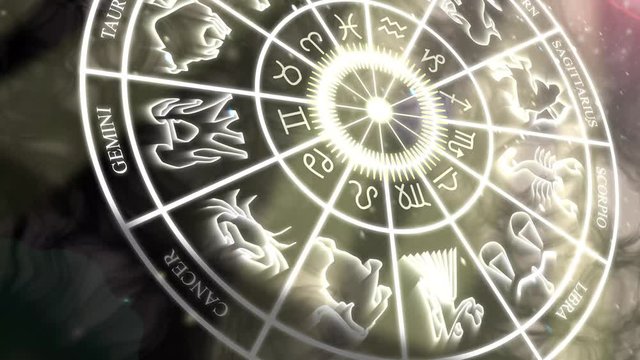 4K Zodiac horoscope wheel with star signs, symbols and icons. 3D horoscope wheel with glowing astrological symbols and icons slowly spinning against a magical background.