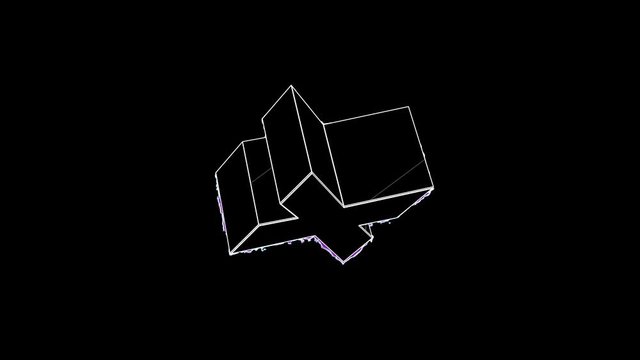 A 3D lower case Letter x model wireframe, rotating slowly and glitching