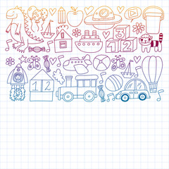 Kindergarten preschool school children. Kids drawing style vector pattern. Play grow learn together.