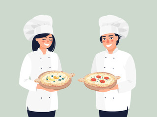 Vector smiling woman cook shef  and man cook shef stand  with khachapuri.