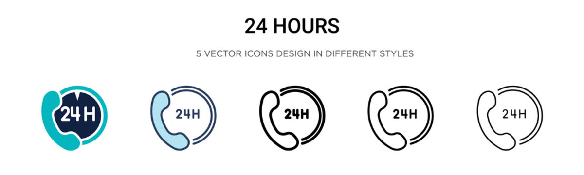 24 hours icon in filled, thin line, outline and stroke style. Vector illustration of two colored and black 24 hours vector icons designs can be used for mobile, ui, web