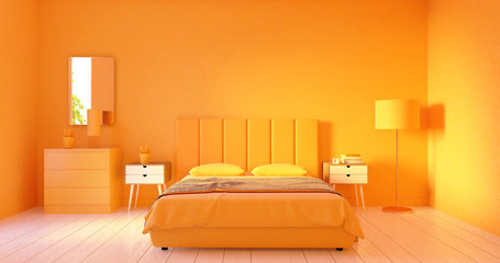 interior of an orange bedroom with a bed