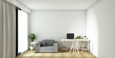 3d rendering interior of cozy living room. Remote working and work from home is a new business trend.