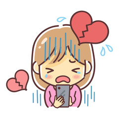 スマホを見てハートブレイクする女性のイラスト（恋愛・婚活・振られる・別れ）