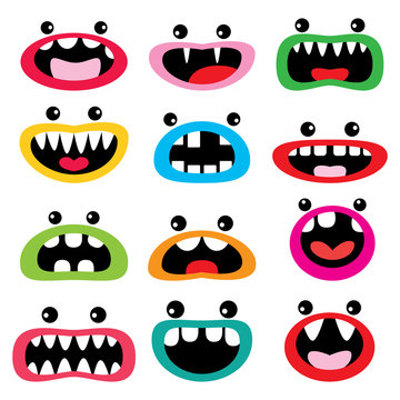 Monster cartoon character  vector icon set, funny faces - open mouth with teeth, tongue and eyes design
