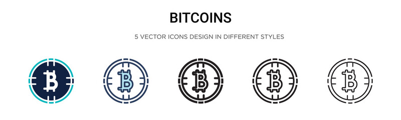 Obraz premium Bitcoins icon in filled, thin line, outline and stroke style. Vector illustration of two colored and black bitcoins vector icons designs can be used for mobile, ui, web