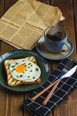 fried eggs on toast with hot coffee
