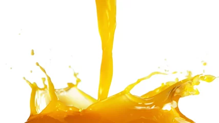 Schilderijen op glas Orange juice splash on white background © Jag_cz