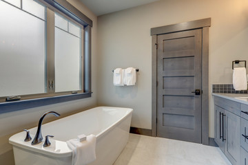 Fototapeta na wymiar Natural new classic slick bathroom interior with modern and rustic natural design.