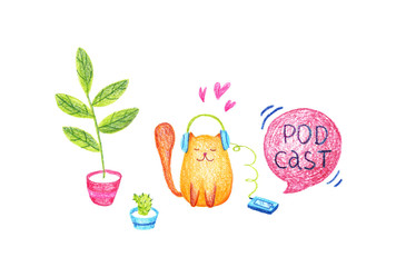 A fat red cat with headphones is sitting at home listening to a podcast. Isolated hand draw illustration made with colored pencils