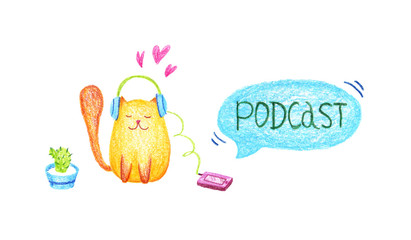 Fat Red smart cute cat with earphones listen podcast. Colored pencils illustration isolated on background.
