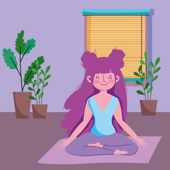 girl in yoga lotus pose on mat in the room, exercises at home
