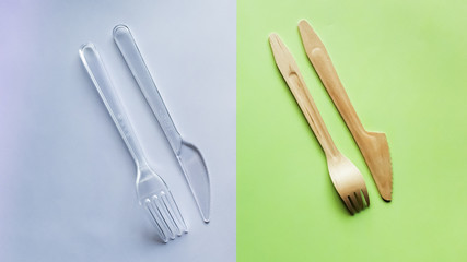 Contrast plastic and bamboo wooden fork knife. Eco-friendly disposable cutlery