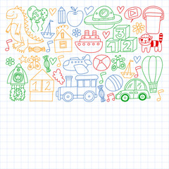 Kindergarten preschool school children. Kids drawing style vector pattern. Play grow learn together.