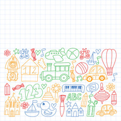 Fototapeta na wymiar Kindergarten preschool school children. Kids drawing style vector pattern. Play grow learn together.