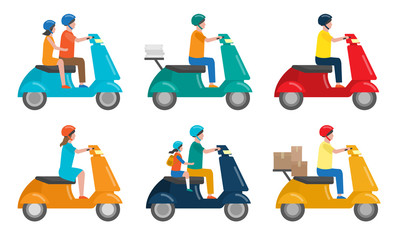 Set of various people on two-wheeled scooters serving for movement and delivery. Vector illustration in flat cartoon style
