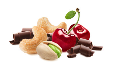 Sweet cherries, pistachio, cashew nuts and chocolate curls isolated on white background. Package design element with clipping path