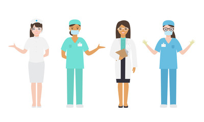 Set of different female doctors and nurses in medical attire engaged in their work. Vector illustration in flat cartoon style