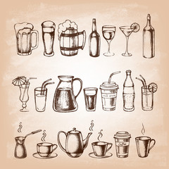 Set of different hand drawn beverages. Vector illustration.