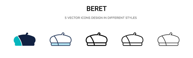 Beret icon in filled, thin line, outline and stroke style. Vector illustration of two colored and black beret vector icons designs can be used for mobile, ui, web - obrazy, fototapety, plakaty