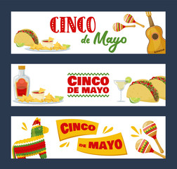Set of cinco de mayo horizontal banners, mexican traditional fiesta. Vector