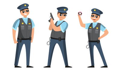 The police officer in black sunglasses standing in different poses with donut and gun. Vector illustration in flat cartoon style