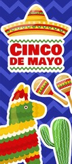 Cinco de mayo vertical banner, mexican traditional fiesta. Pair of maracas, donkey pinata and cactus. Vector