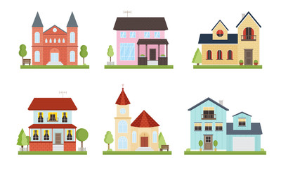 Set of different country houses with garden trees. Vector illustration in flat cartoon style.